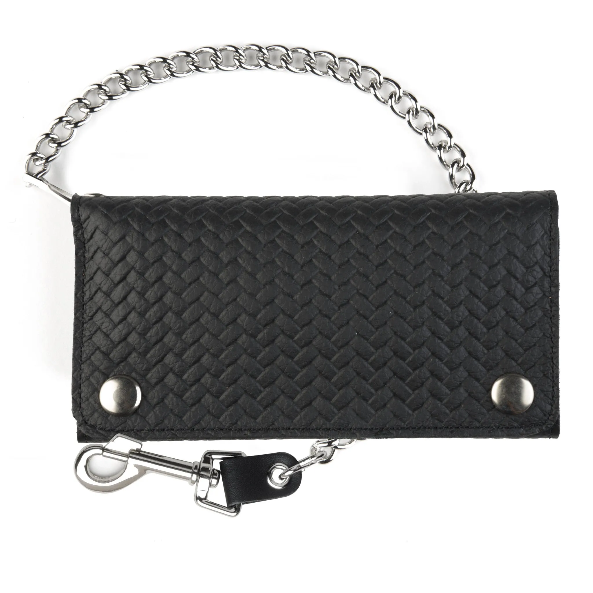 BK339  Basket Weave Credit Card Tri-Fold Wallet w/ Chain- Black