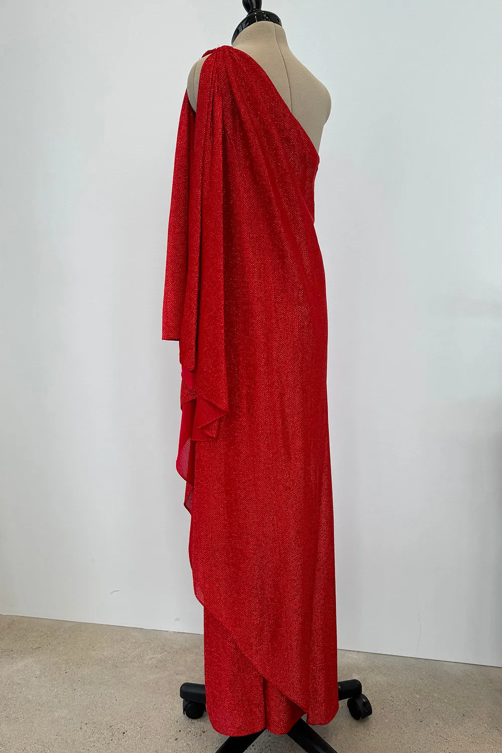 Halston 1970s Red Metallic One Shoulder Dress